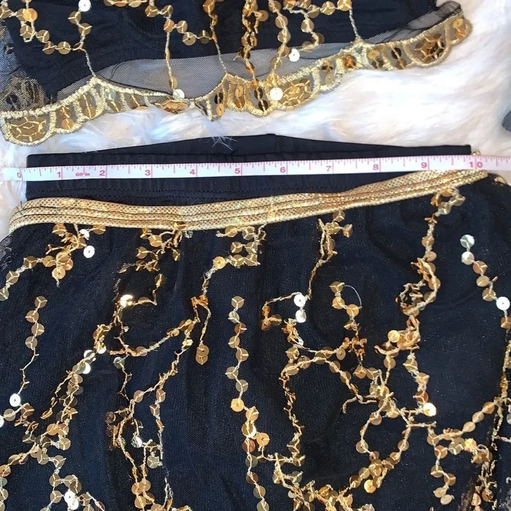 Belly Dance Spanish Arabian Style Black and Gold two piece Costume